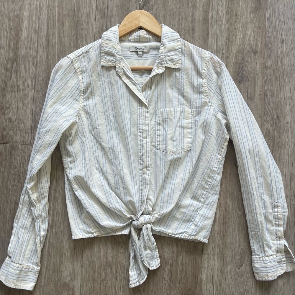 Madewell Striped Tie Front Button Down | Blue & Cream | Size M